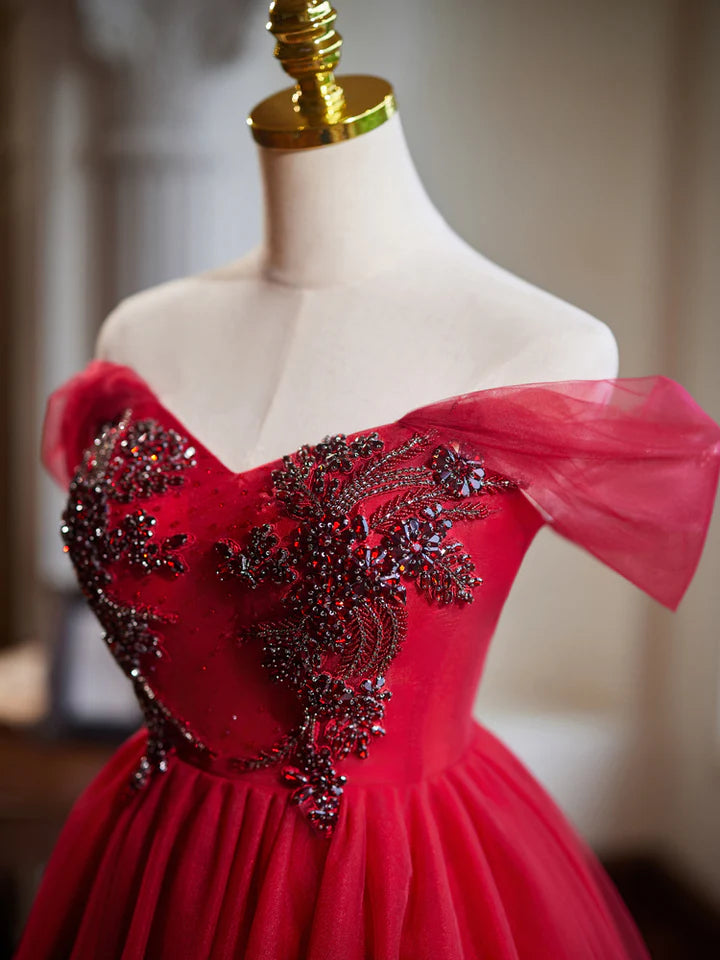 Elegant Prom Dress A-Line Off Shoulder V Neck Tulle Short Fashion Bead string Homecoming Dress