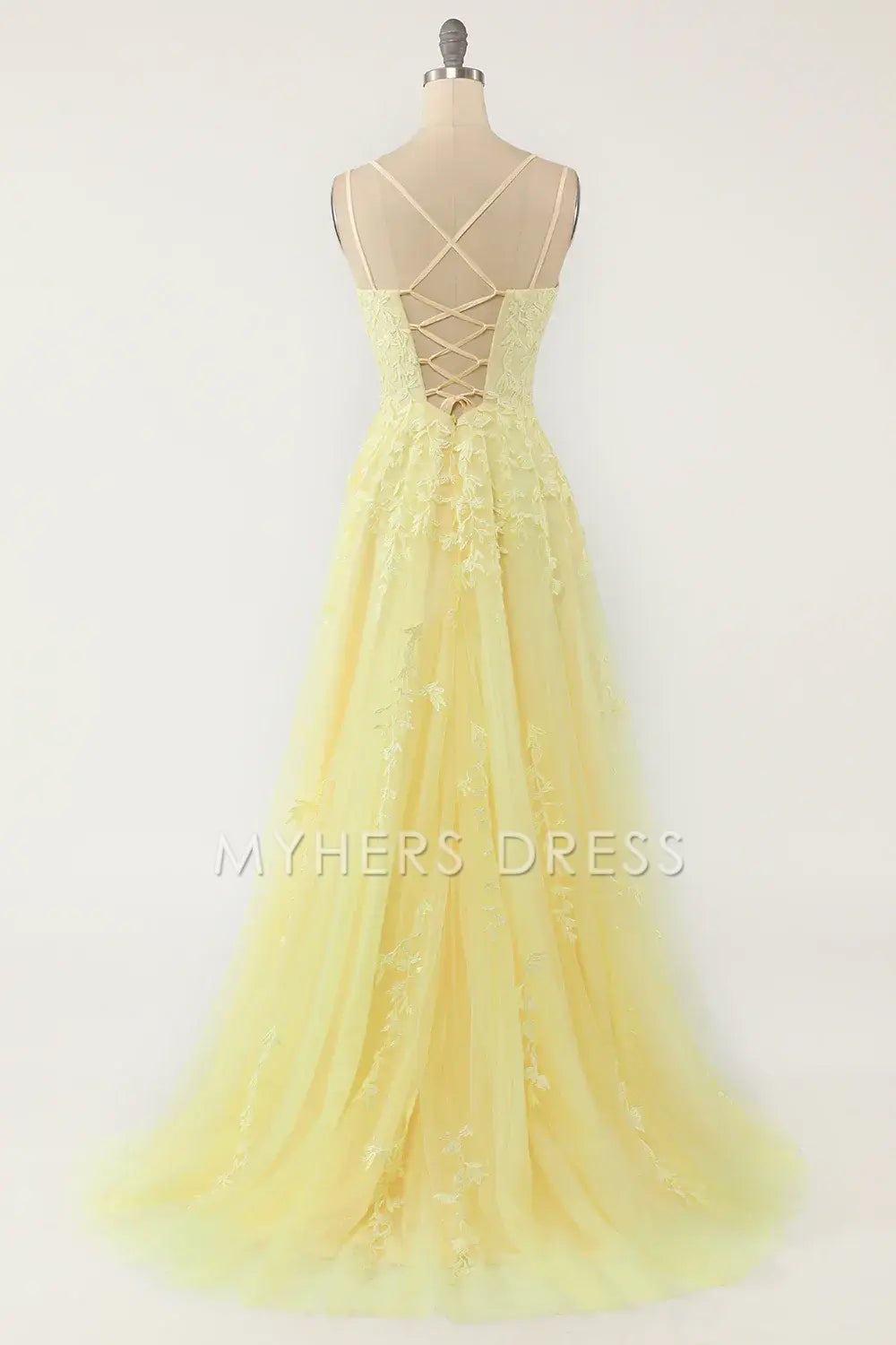 My Hers Ladies Formal Dress Elegant A Line Spaghetti Straps Backless Exquisite Appliques Prom Dress