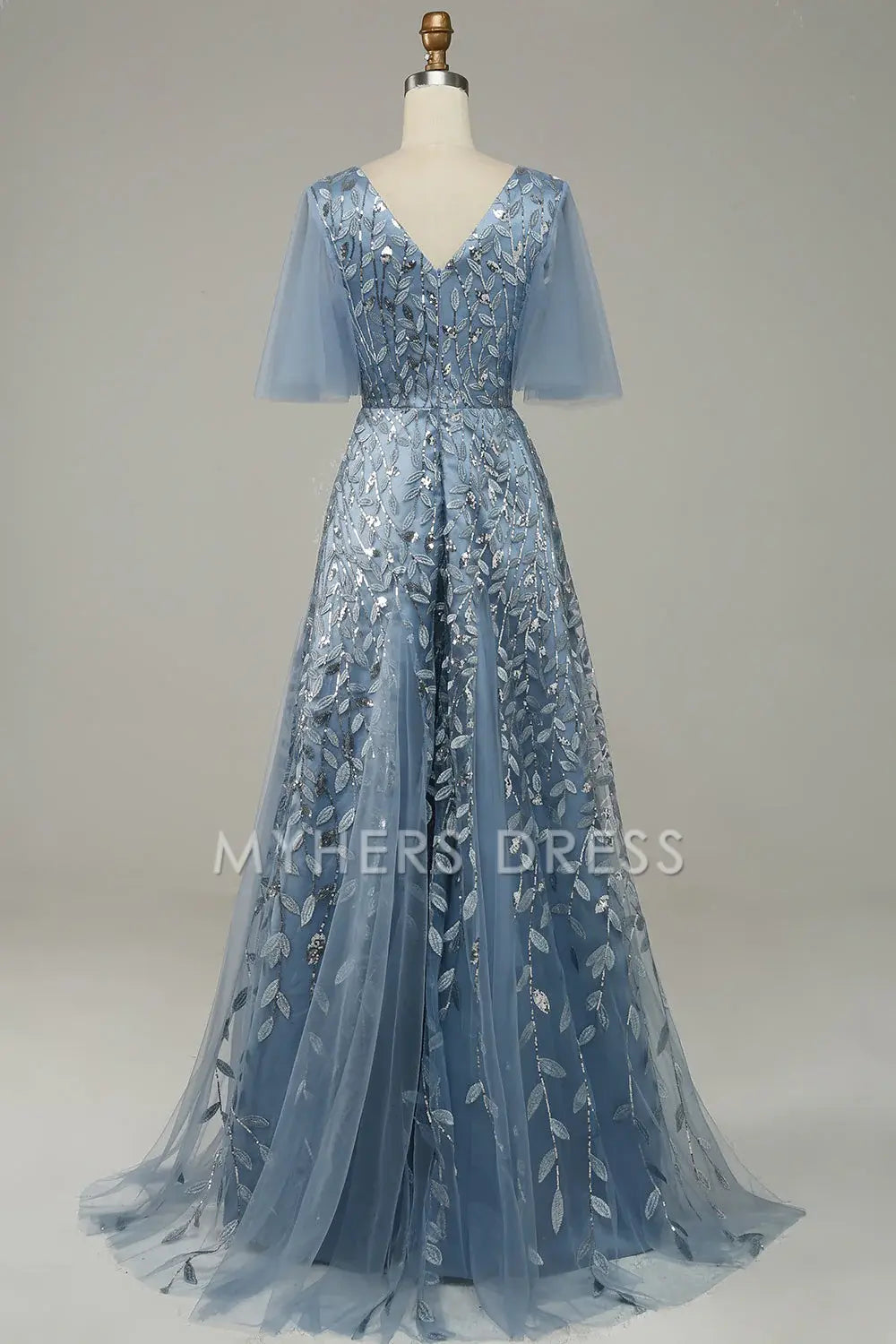 My Hers Ladies Formal Dress Exquisite V Neck Flowing Sleeves Tulle Embroidered Leaves Fashion Prom Dress
