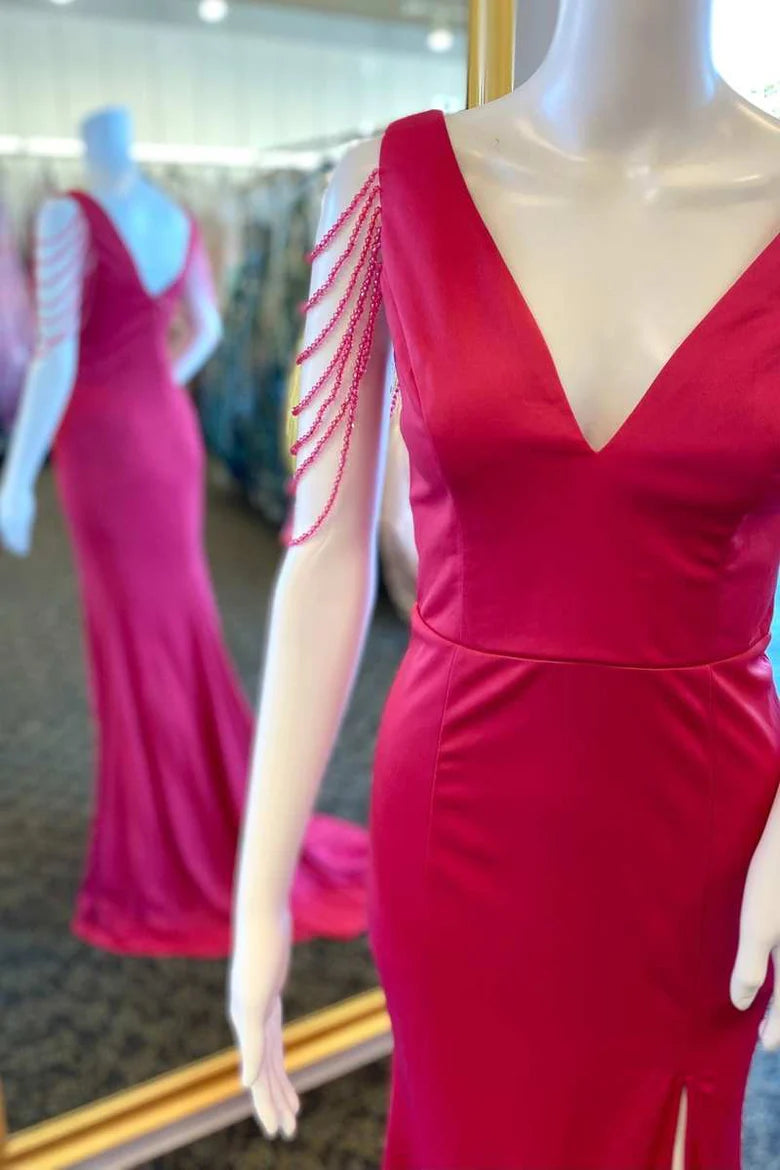 Fringes V-Neck Long Prom Dress with Slit