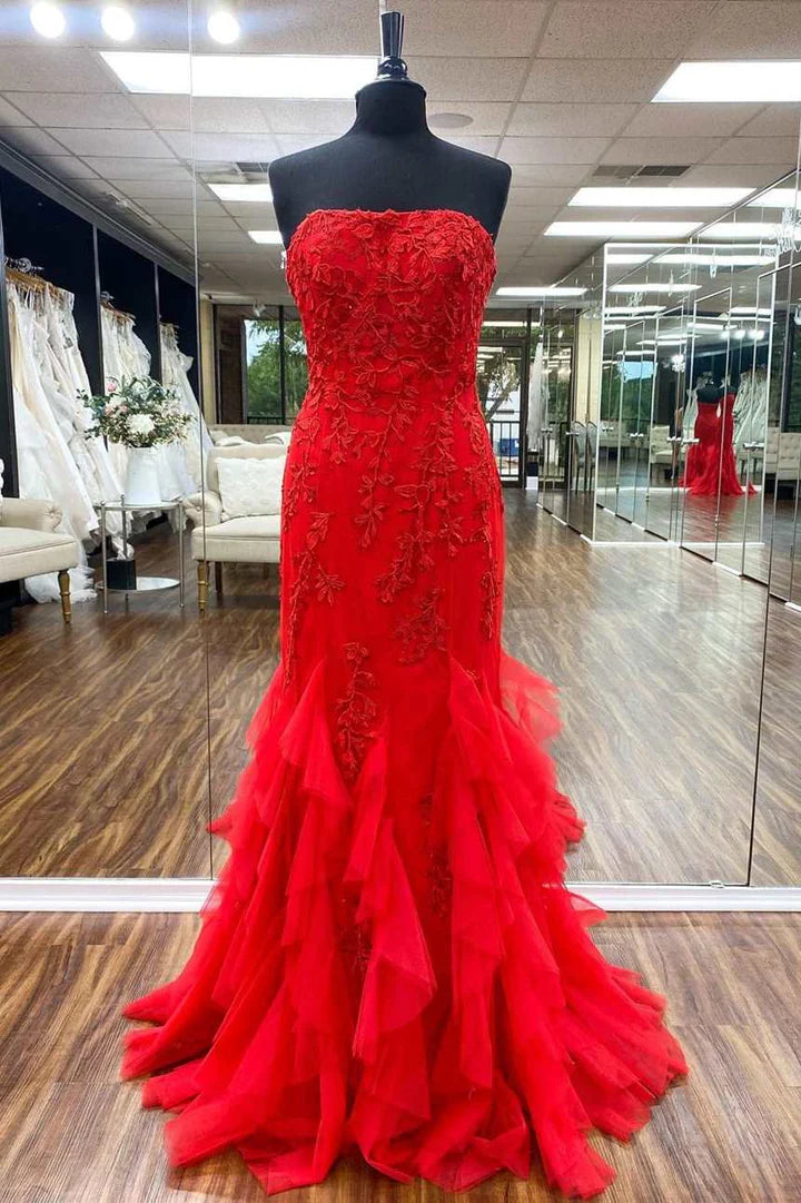 Tulle Strapless Appliques Mermaid Long Formal Dress