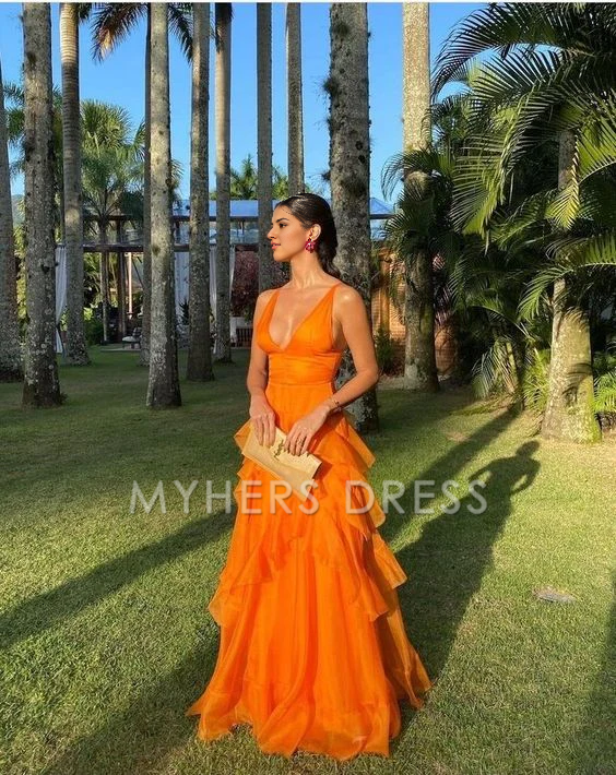 My Hers Prom Dress A Line V Neck Sleeveless Tulle Ruffles Mid Waist Long Romantic Fantastic Ladies Formal Dress