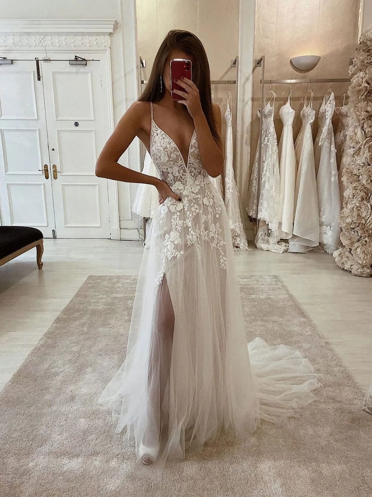 V -Hals -Tüll Spitze Langes Abschlussballkleid