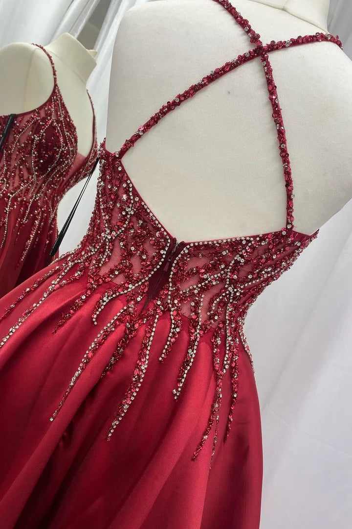 Satin Beaded V-Neck Backless Long Prom Dress