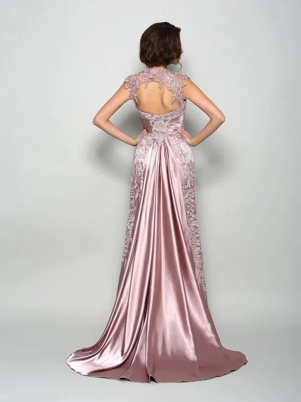 A-Line Princess High Neck Sleeveless Long Woven Satin Mother of the Bride Dresses