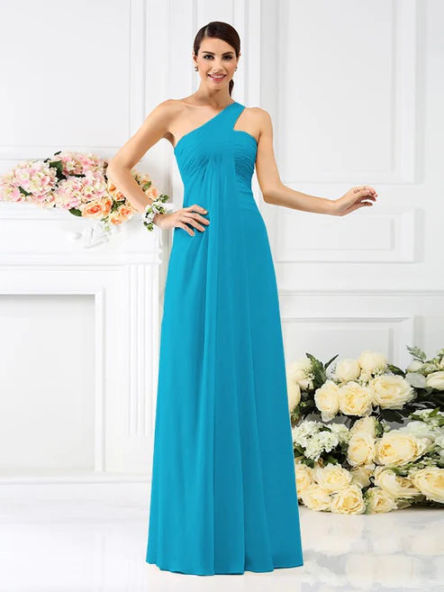 A-Line/Princess One-Shoulder Pleats Sleeveless Long Chiffon Bridesmaid Dresses Party Dresses Wedding Guest Dresses