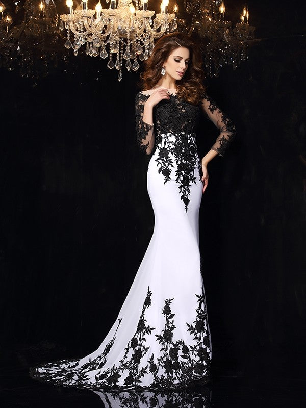 Sheath/Column Scoop Lace Long Sleeves Long Chiffon Party Dresses Formal Dresses