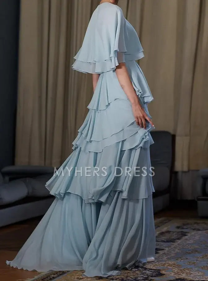 My Hers Prom Dress A Line Tiered Ruched Chiffon Flowing Romantic Elegant Ladies Formal Dress