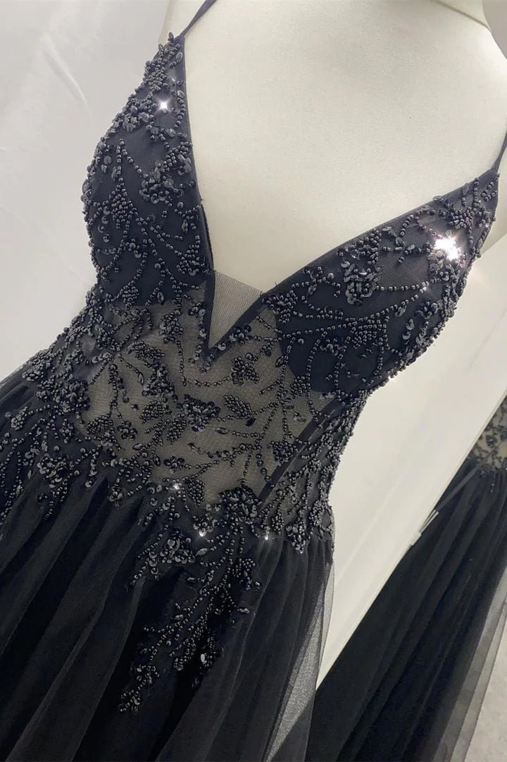 Elegant Tulle Beaded V-Neck Long Prom Dress