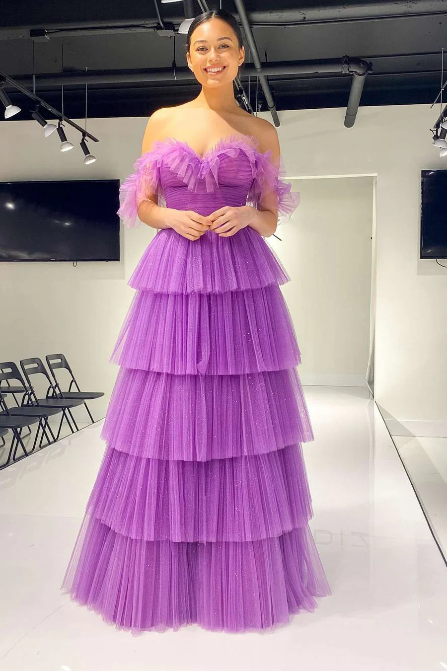 Off-the-Shoulder Multi-Tiered Long Prom Gown