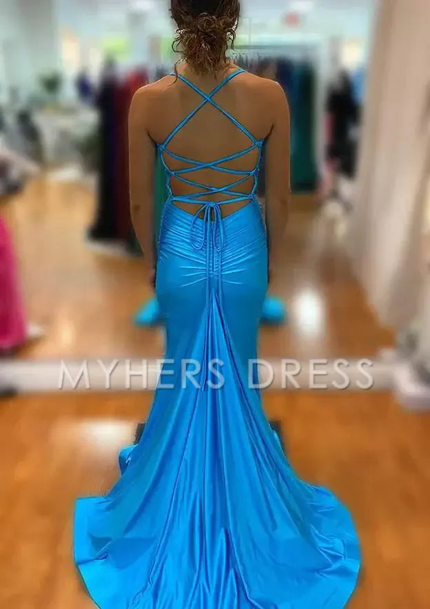 My Hers Ladies Formal Dress Charming Mermaid V Neck Spaghetti Strap Satin Backless Side Fork Sexy Prom Dress