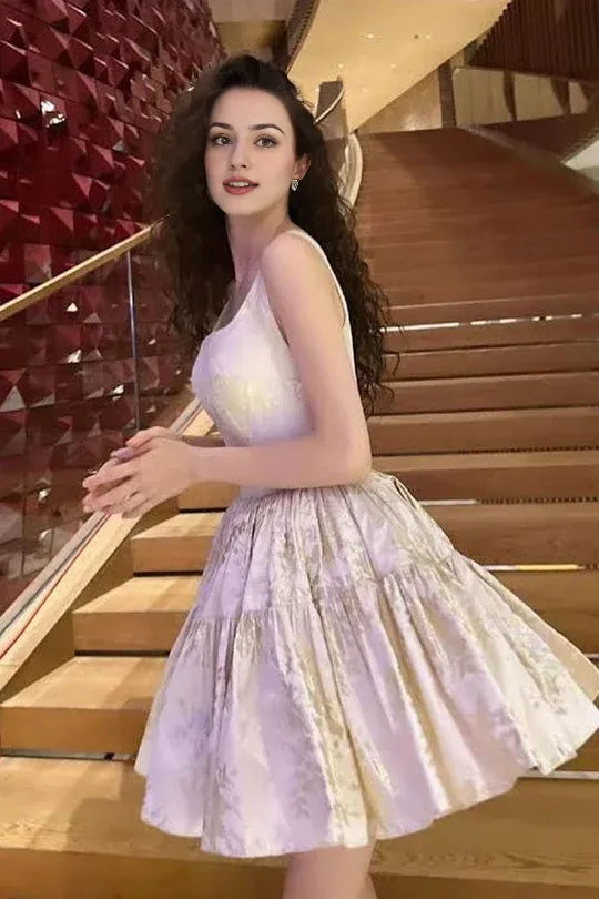 Cute A Line Square Neck Jacquard Satin Short Homecoming Dresses