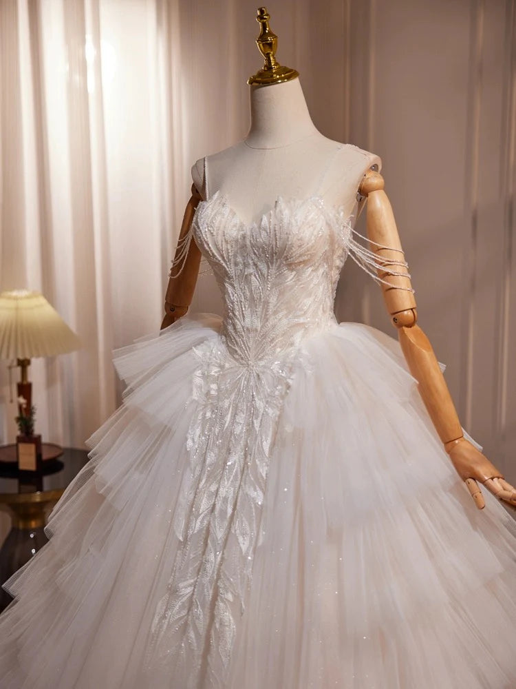 Sweetheart Wedding Dress A-Line Neck Tulle Lace Long with Beads Fantastic Dress
