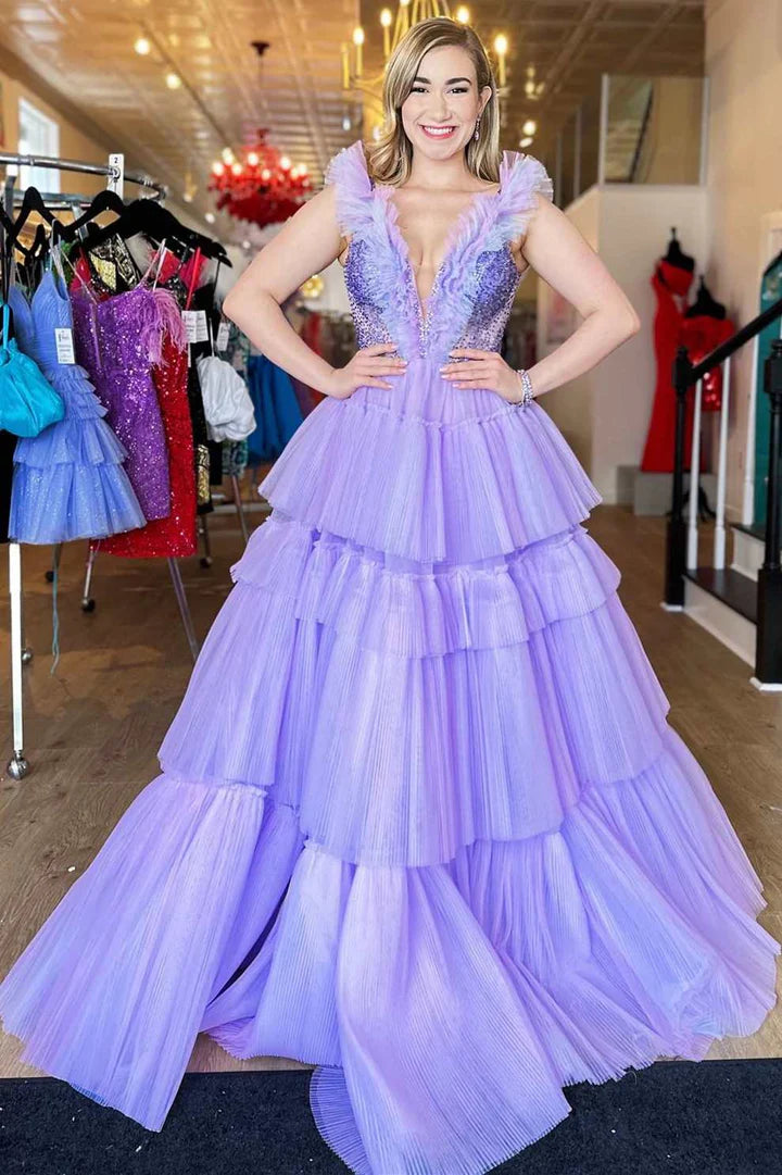 Beaded Plunge V Tiered A-Line Prom Gown with Ruffles