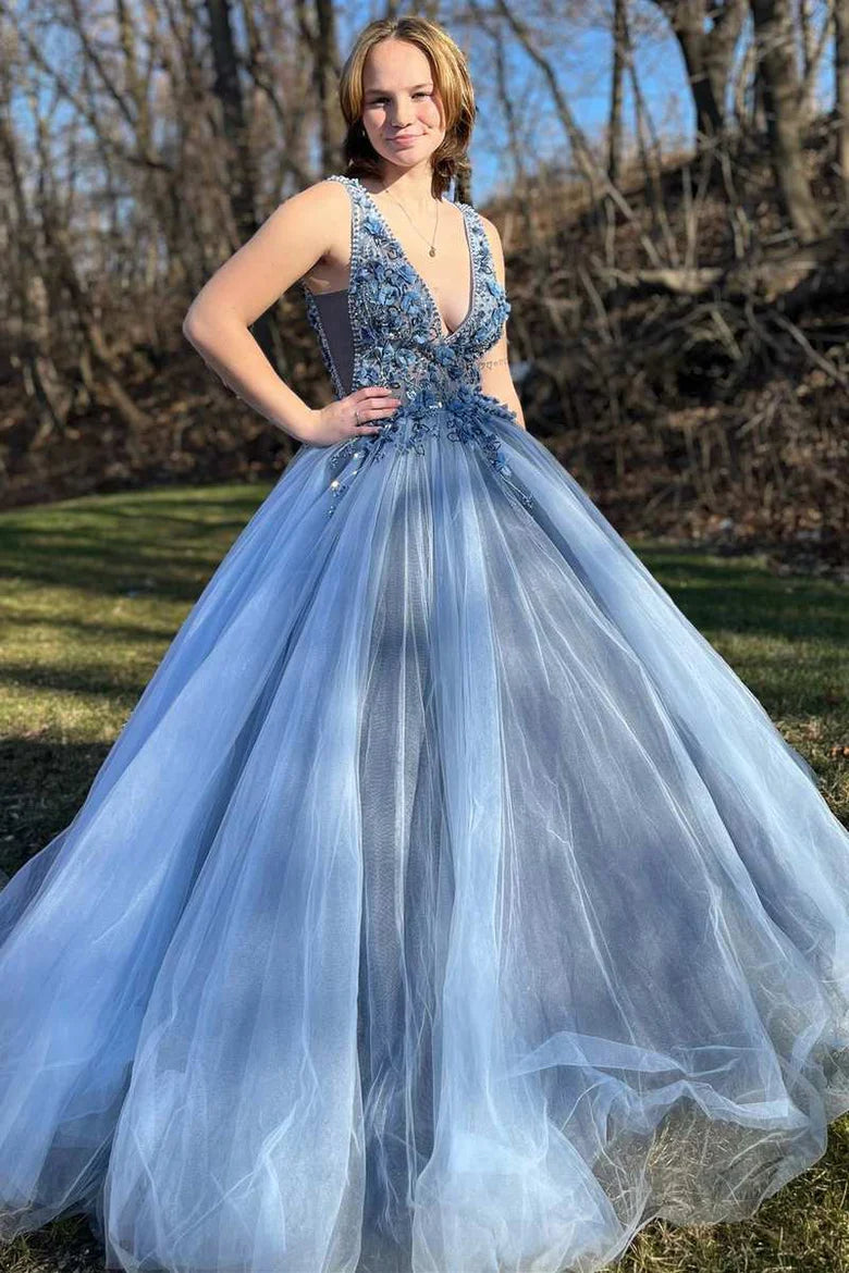 Tulle V-Neck Long Prom Dress with 3D Floral Lace