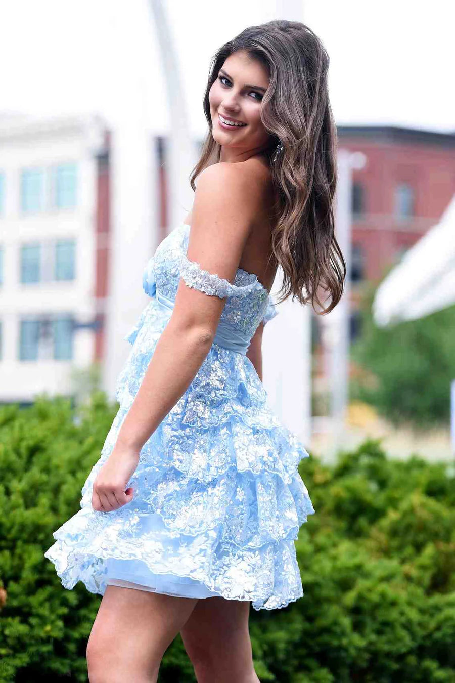 Gold 3D three-dimensional flower Off the Shoulder A-line Ruffle Homecoming Dress