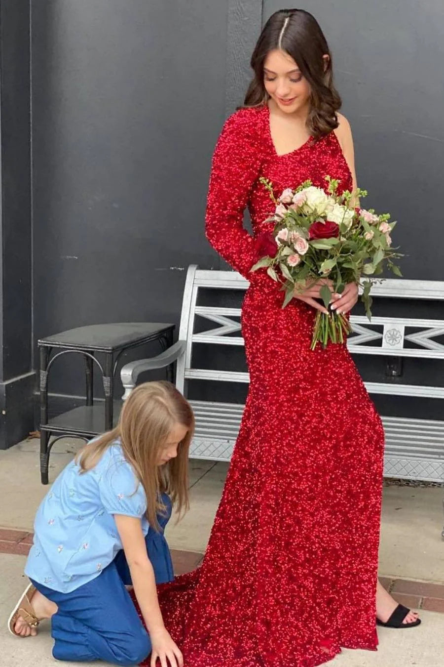 Unique One Long Sleeves Sequins Long Prom Dress