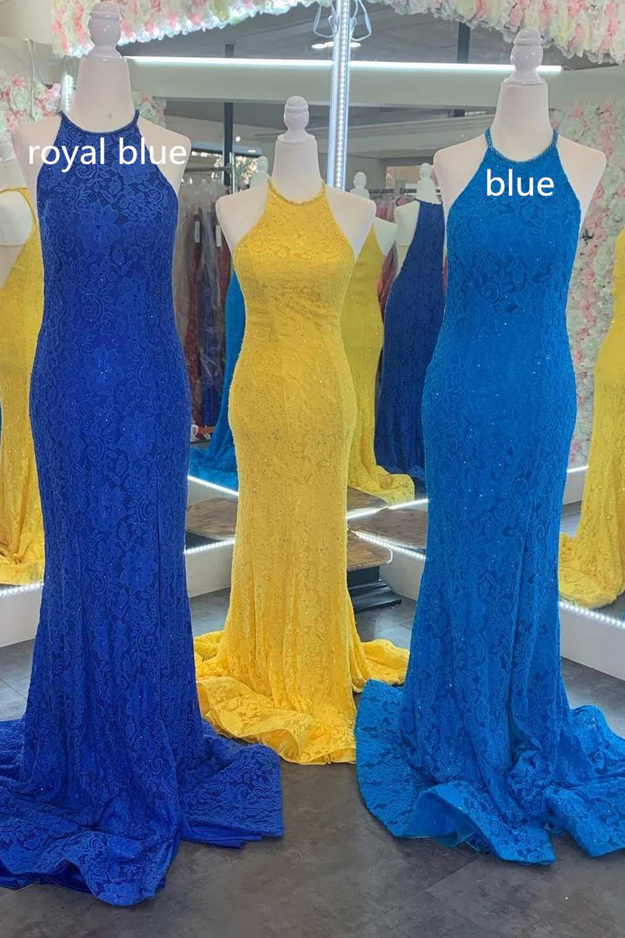 Floral Lace Halter Mermaid Long Prom Dress