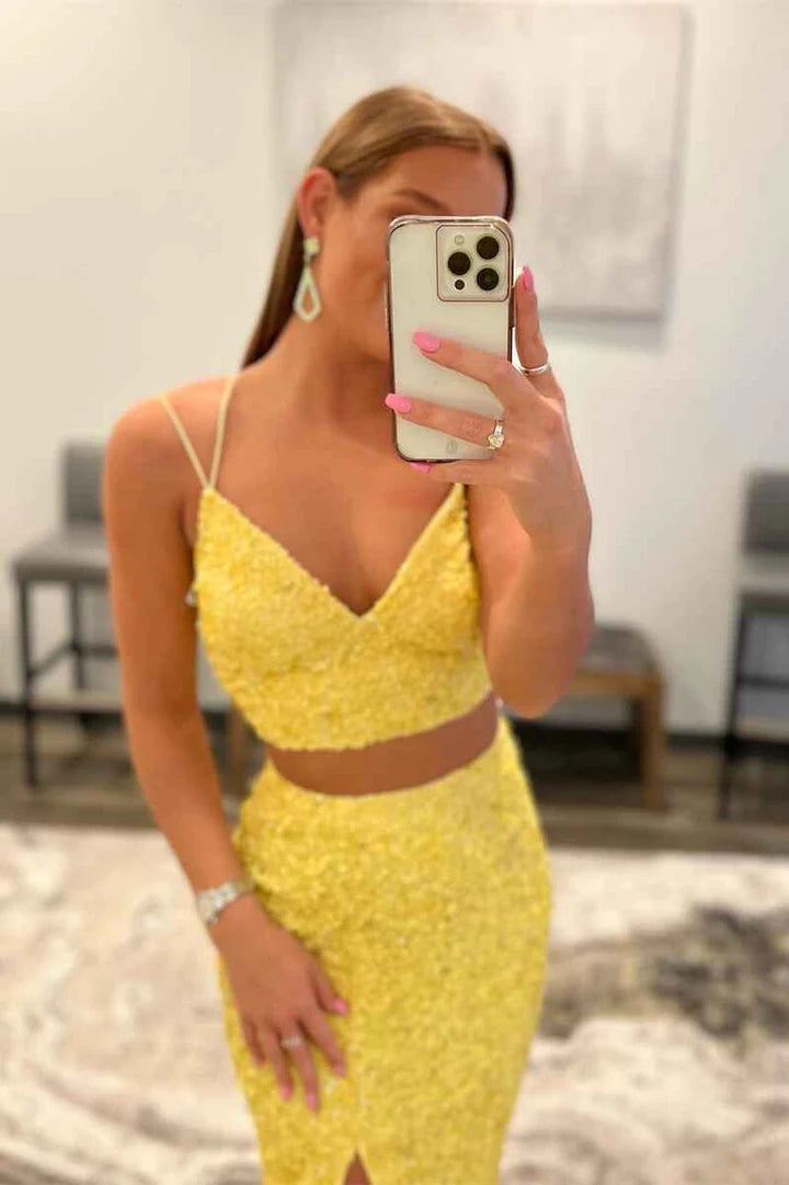 Two Piece Sequins Long Prom Dress