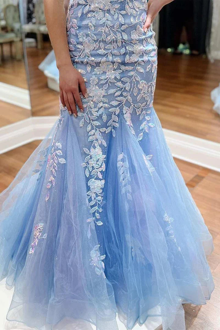 Tulle Applique Plunge V Trumpet Long Prom Dress