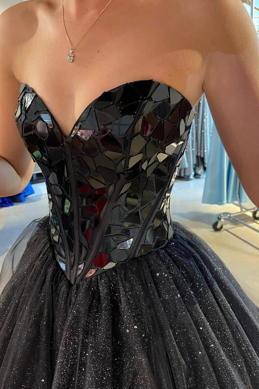 Princess Cut Glass Mirror Sweetheart A-Line Long Prom Gown