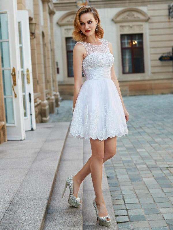 A-Line/Princess Jewel Sleeveless Pearls Lace Short/Mini Tulle Homecoming Dresses Cocktail Dresses