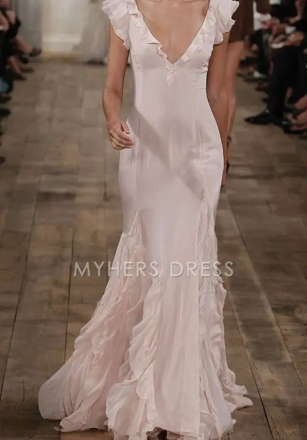 My Hers Prom Dress Mermaid V Neck Ruffle Long Elegant Fashion Ladies Formal Dress