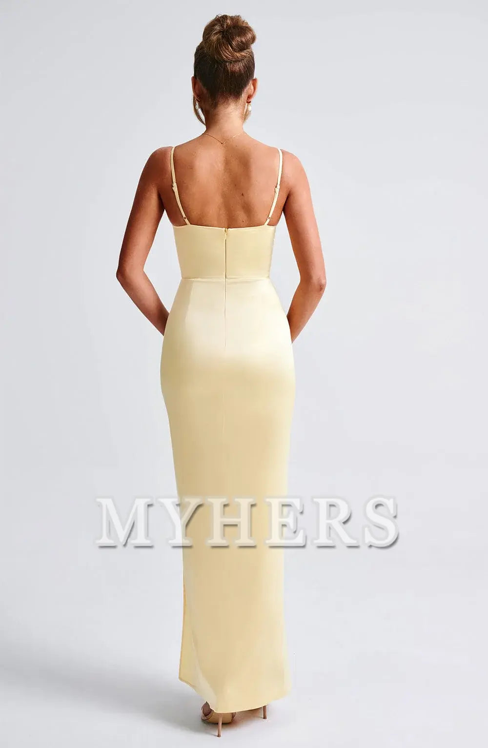 Elegant Spaghetti Strap Pleated cups Body Hugging Thigh High Split Dresses Bridesmaid Dresses Wedding Guests Dresses