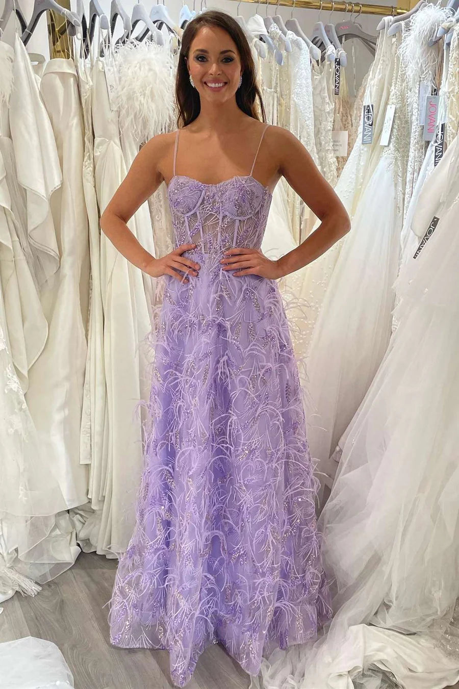 Lace Feather Straps A-Line Prom Dress