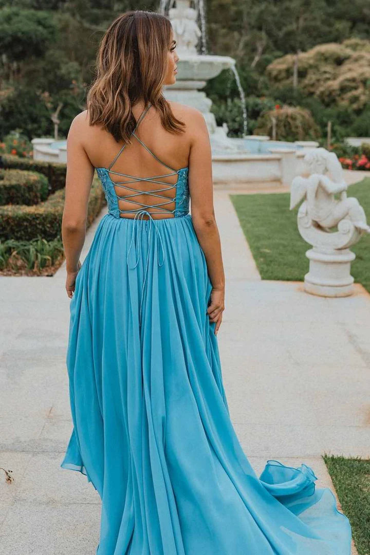 Straps Appliques Lace-Up Back Prom Dress