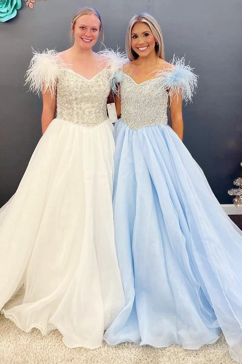 Beaded Feather Off-the-Shoulder A-Line Long Prom Dress