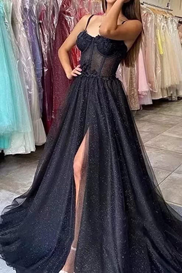 Floral Lace Straps A-Line Prom Dress with Slit