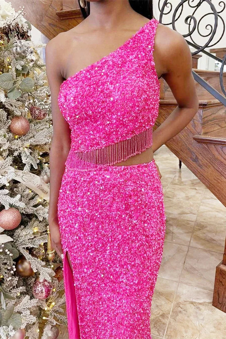 Sequin One-Shoulder Cutout Tassel Long Prom Dress