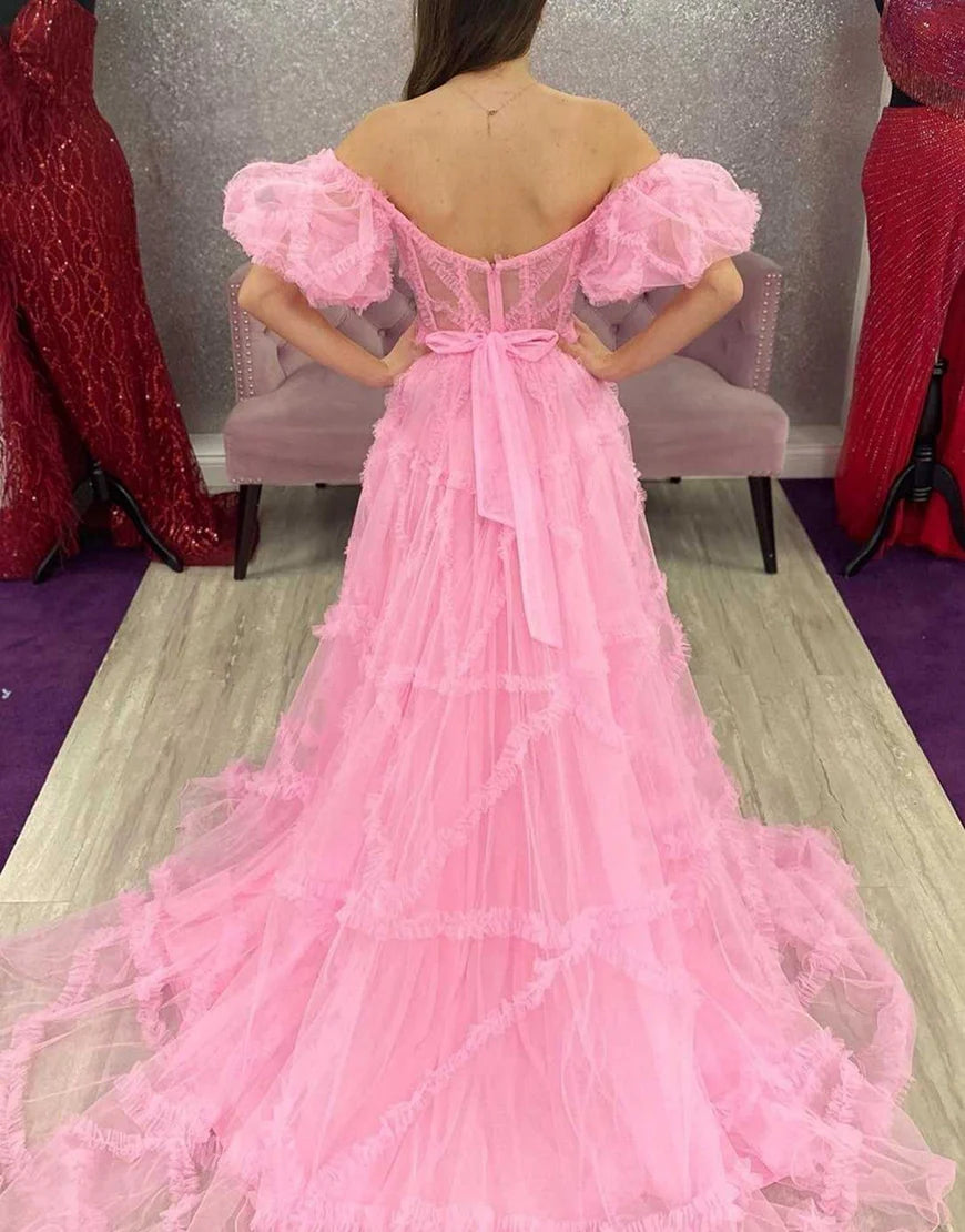 A Line Off The Shoulder Tulle Long Prom Dress