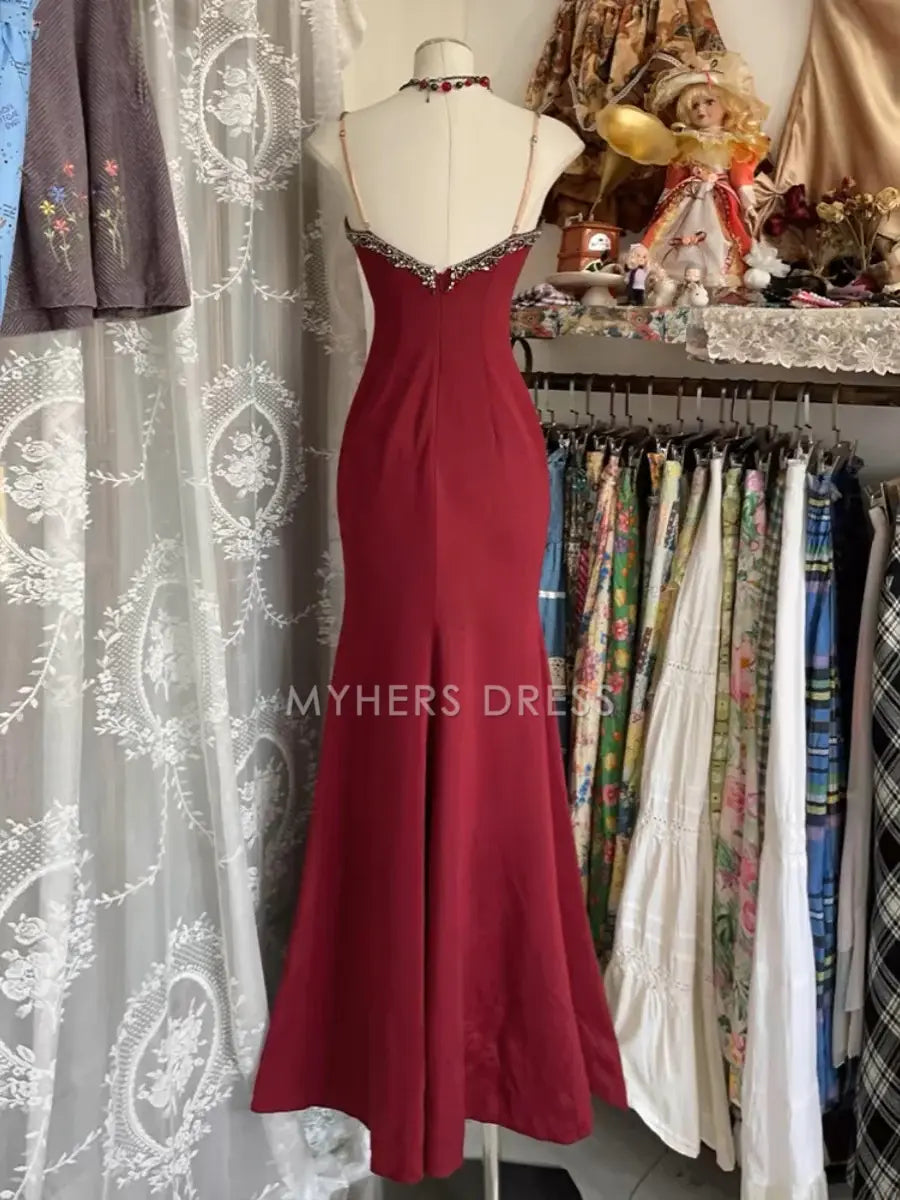 My Hers Prom Dress Mermaid V Neck Spaghetti Strap Lace Vintage Elegant Ladies Formal Dress