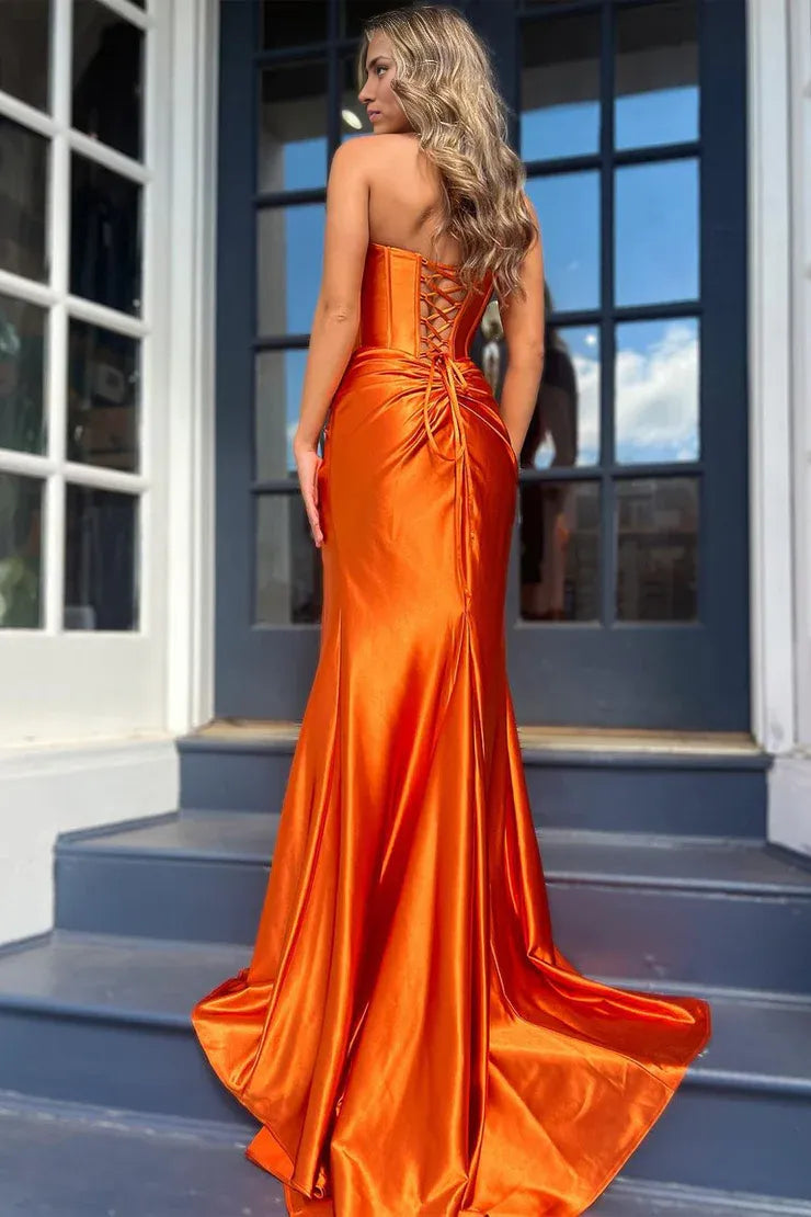 Charming Mermaid Sweetheart Off-the-Shoulder Orange Satin Long Prom Dresses with Slit
