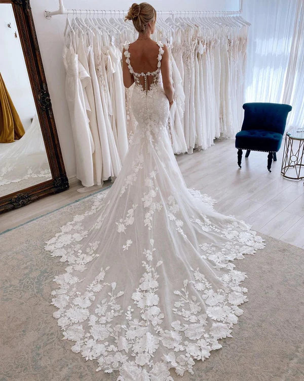A-Line Wedding Dresses V Neck Lace Tulle Mermaid Lace Wedding Dresses with Appliques