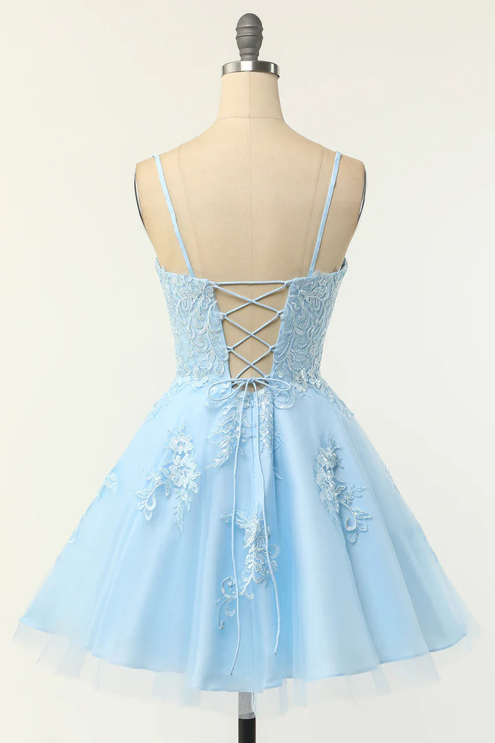 Floral Lace A-Line Short Party Dress with Spaghetti Straps