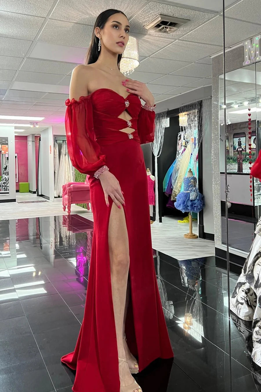 Rhinestones Strapless Keyhole Long Prom Dress with Balloon Sleeves