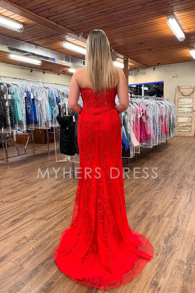 My Hers Ladies Formal Dress Exquisite Mermaid Strapless Lace With Appliques Side Fork Prom Dress