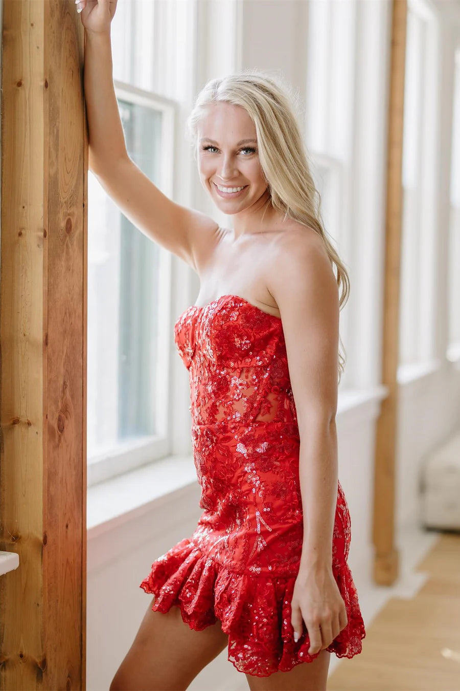 Sequin Lace Strapless Sheer Bodice Short Gown with Ruffles