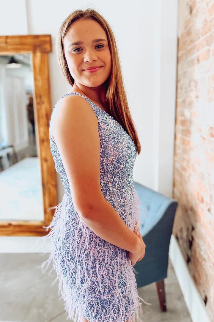 Sequin One-Shoulder Short Party Dress with Feathers