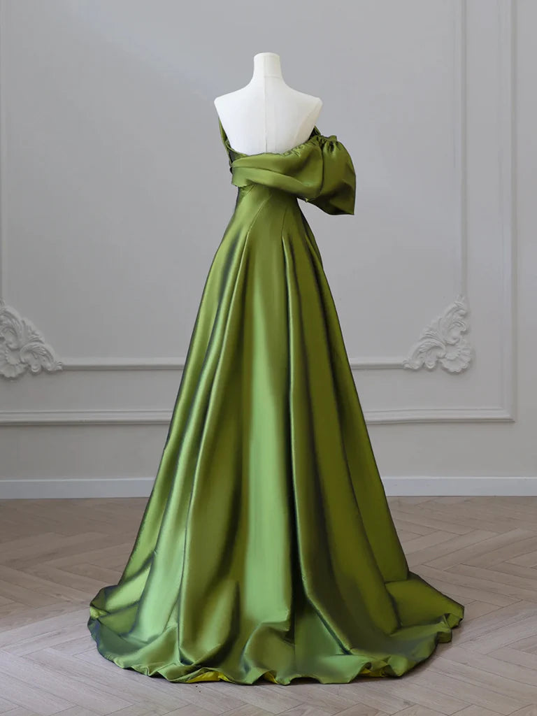 Formal Dress Long Evening Dress A-Line V Neck Satin Unilateral Bubble Sleeve Long Dress