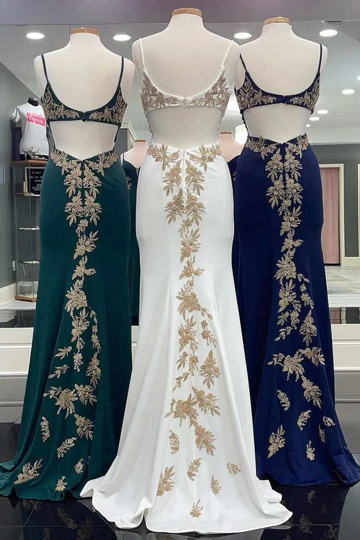 V-Neck Appliques Backless Mermaid Long Formal Dress
