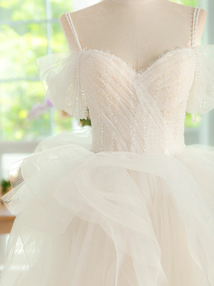 Sweet Heart-shaped collar Bead Decoration Shoulder strap Tulle Beads Long Fantastic Tulle Irregular Prom Dress
