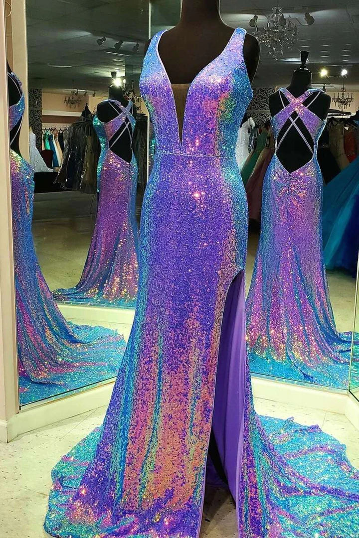 Sequins V-Neck Cross Back Long Formal Dress