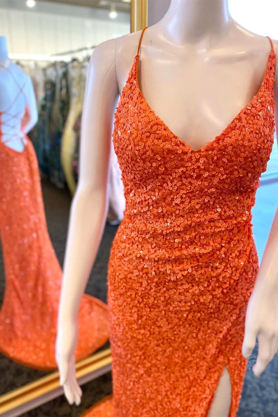 Sequin V-Neck Lace-Up Back Long Prom Dress with Slit