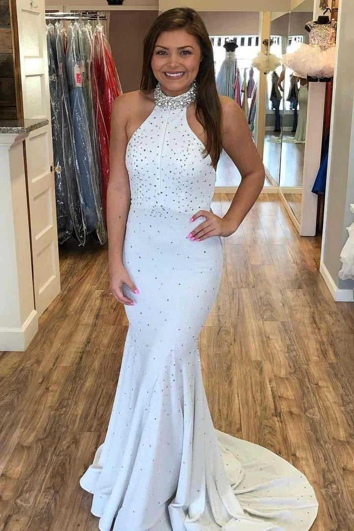 Beaded Halter Keyhole Mermaid Long Formal Dress