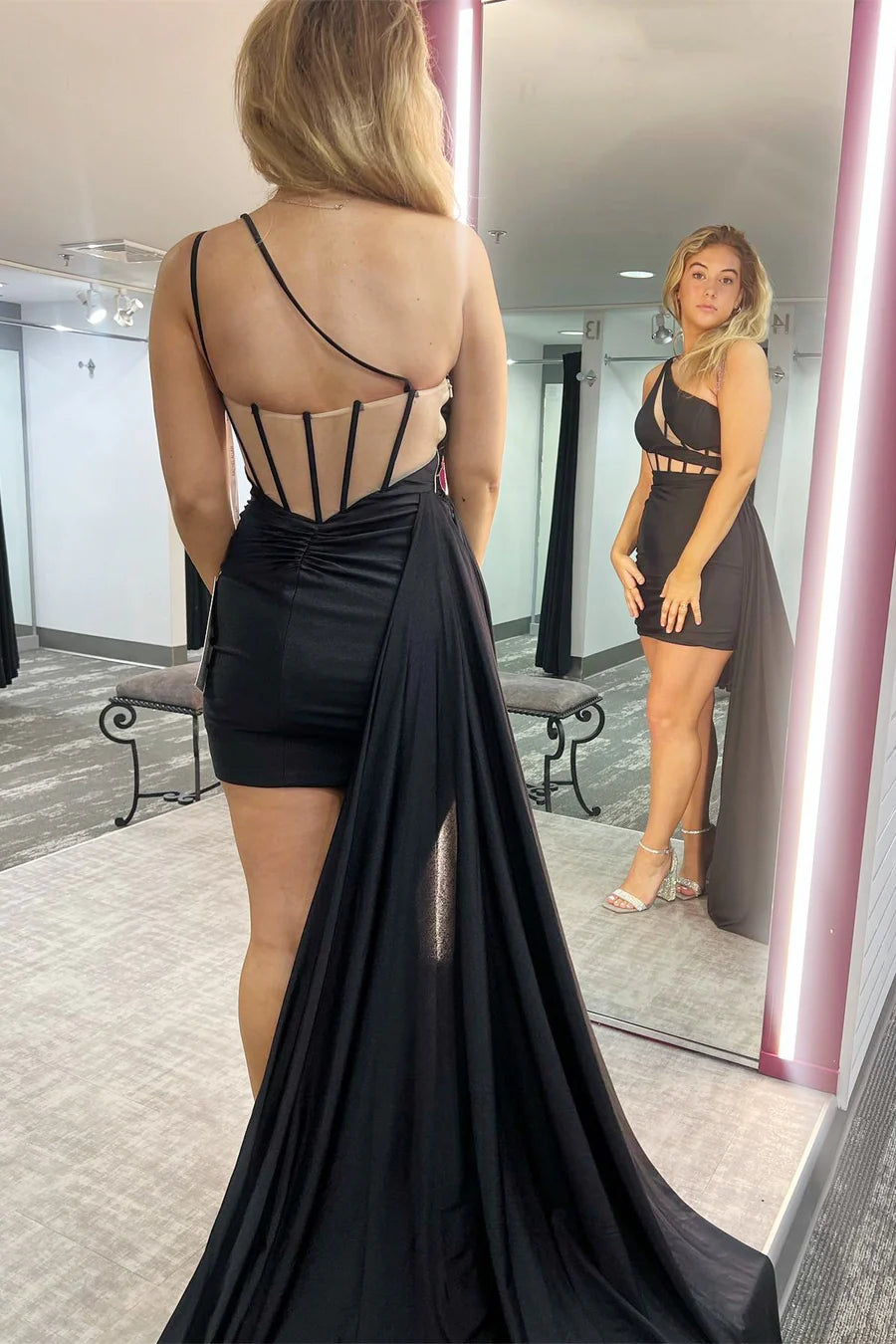 One-Shoulder Sheer Waist Short Dress with Attached Train