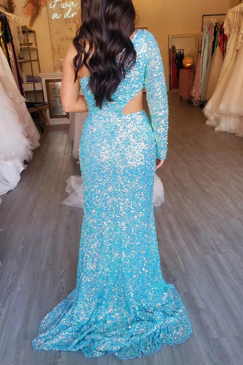 Charming Mermaid One Shoulder Sleeves Blue Sequins Prom Dresses
